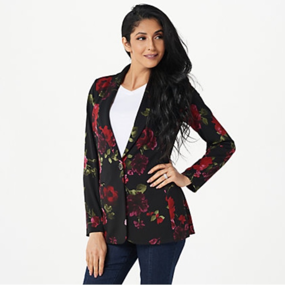 Susan Graver Floral Bonded Liquid Knit Blazer